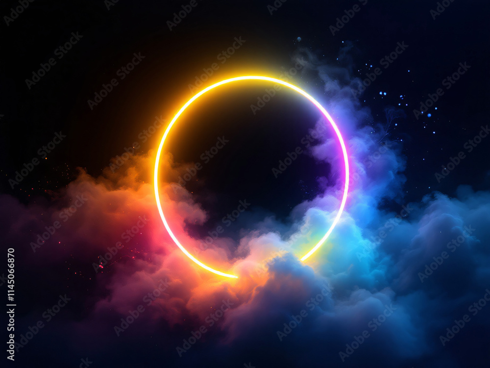 Vibrant neon circle glowing with radiant colors against a dark, mystical background. Vibrant neon circle glowing with radiant colors against a dark, mystical background.