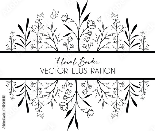 Floral split frame border with leaves for wedding, holiday, logo and name