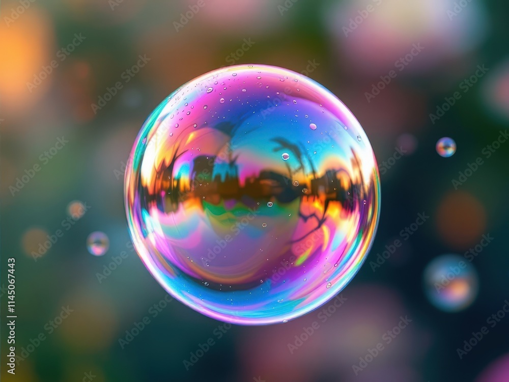 Colorful soap bubble capturing a vibrant garden reflection under soft sunlight in the evening Colorful soap bubble capturing a vibrant garden reflection under soft sunlight in the evening