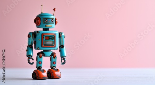 Toy robot that is standing on a table, space for text
