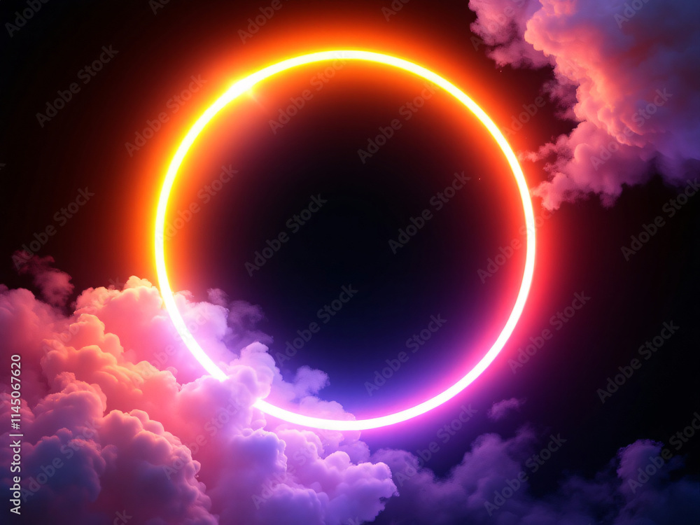 Naklejka premium Vibrant neon circle glowing with radiant colors against a dark, mystical background.