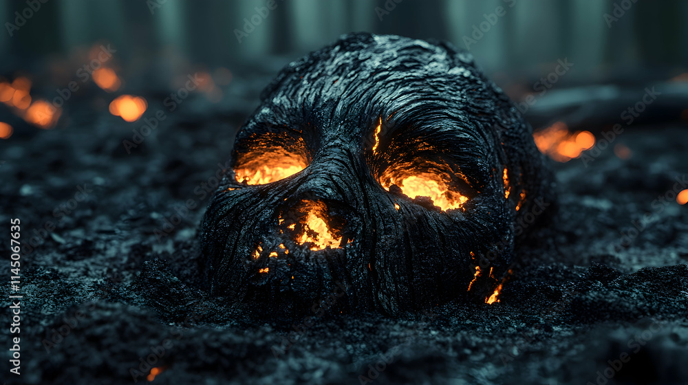 Glowing skull embedded in dark, volcanic-like ground, surrounded by embers. Glowing skull embedded in dark, volcanic-like ground, surrounded by embers.