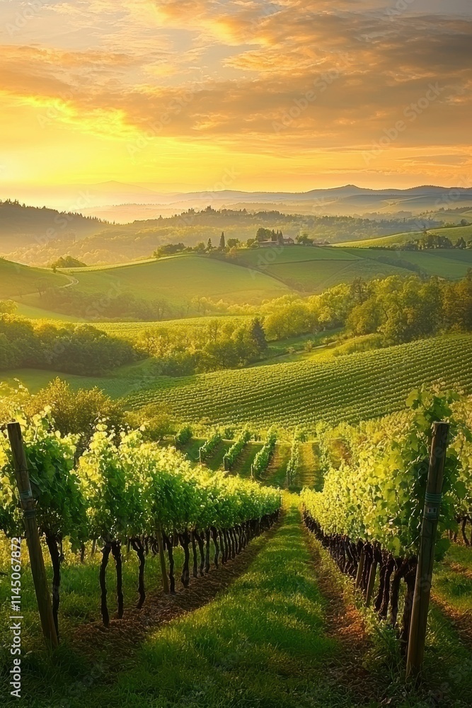 Naklejka premium Early Spring Vineyards at Sunrise: A Serene and Refreshing Landscape for Posters and Prints