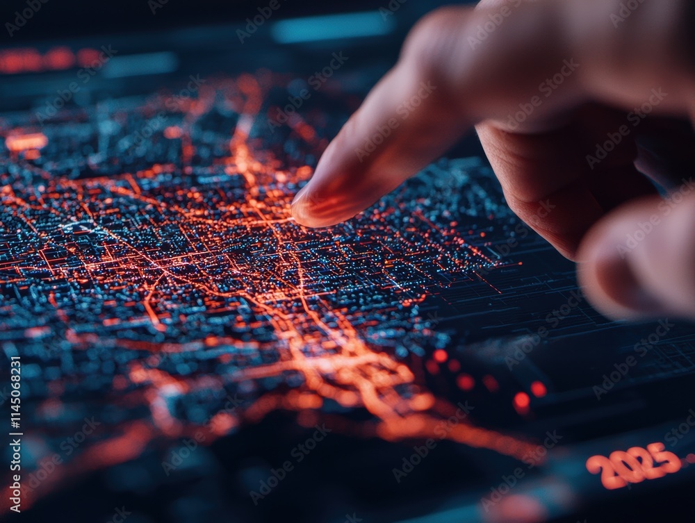Businessman analyzing futuristic glowing digital map on interactive screen Businessman analyzing futuristic glowing digital map on interactive screen