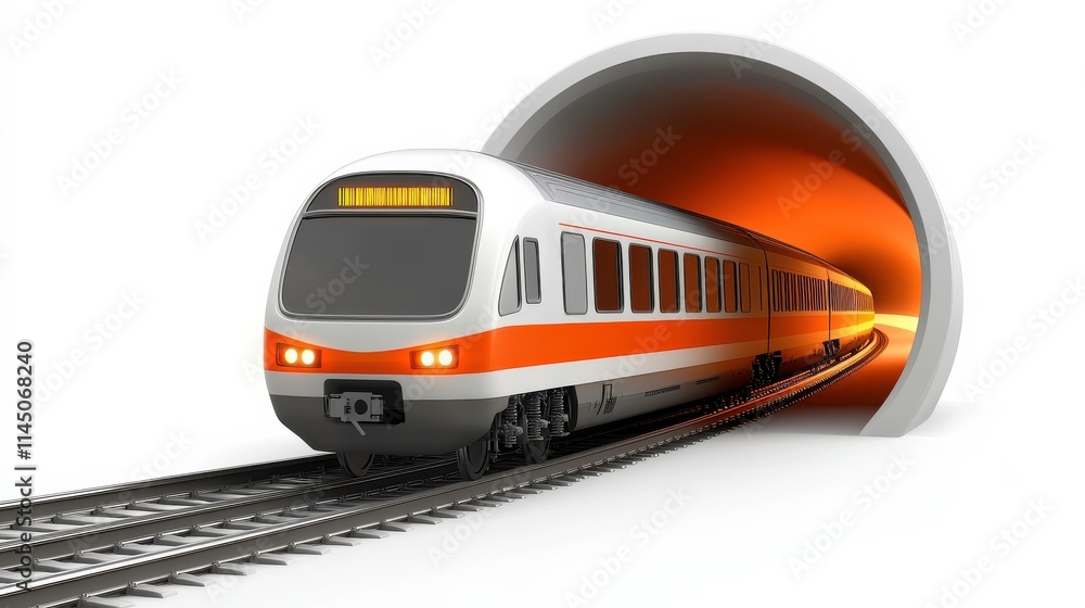 Naklejka premium Modern Train Emerging from Tunnel with Orange Glow in Background, Symbolizing Speed, Technology, and Uninterrupted Journey in a Futuristic Transportation Concept