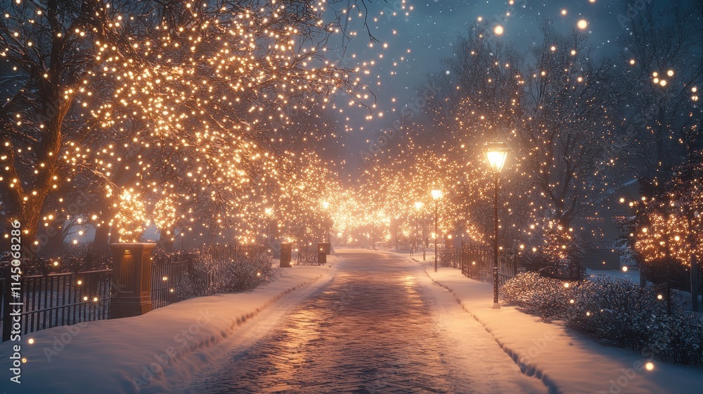 Winter wonderland with sparkling lights in a snowy park at night Winter wonderland with sparkling lights in a snowy park at night