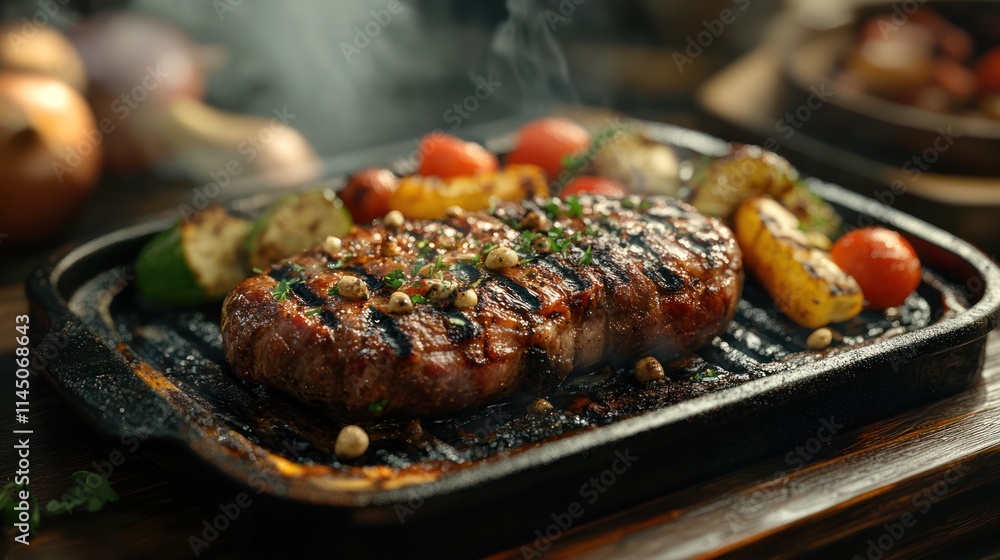 Juicy grilled steak with roasted vegetables on a sizzling hot plate. Juicy grilled steak with roasted vegetables on a sizzling hot plate.