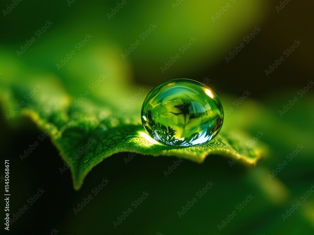 Nature's crystal: a droplet reflecting vibrant green leaves under soft sunlight in a tranquil garden setting Nature's crystal: a droplet reflecting vibrant green leaves under soft sunlight in a tranquil garden setting