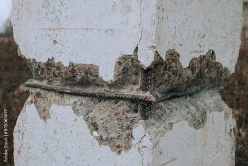 Canvas Print Damaged concrete construction with exposed steel reinforced rods