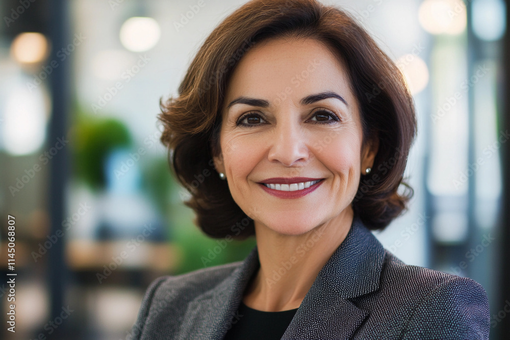 Confident businesswoman smiling in a modern office setting Confident businesswoman smiling in a modern office setting