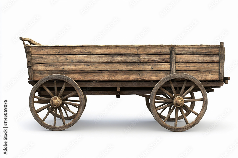 Fototapeta premium Rustic wooden cart with large wheels on a plain background