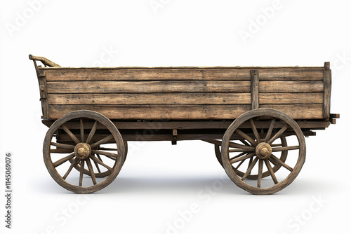 Rustic wooden cart with large wheels on a plain background photo