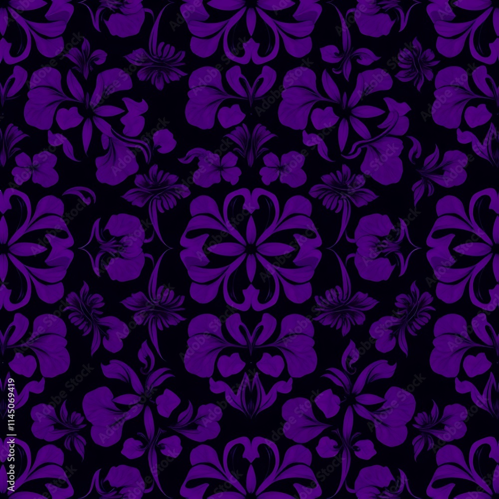 Fototapeta premium Dark Purple Floral Damask Pattern: A rich and sophisticated seamless pattern featuring dark purple flowers and intricate damask details on a black background. Ideal for textiles, wallpapers.