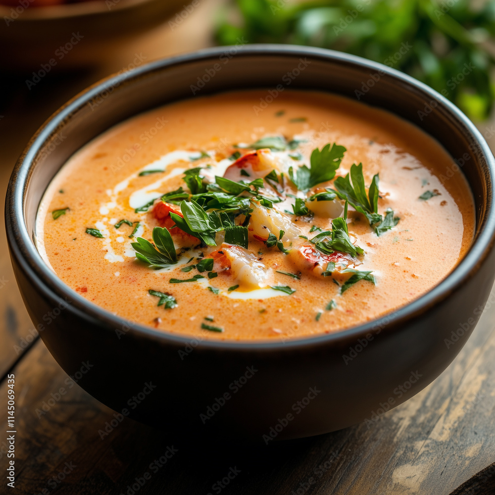 Luxurious lobster bisque garnished with fresh herbs and spices in an elegant bowl on a rustic wooden table Luxurious lobster bisque garnished with fresh herbs and spices in an elegant bowl on a rustic wooden table