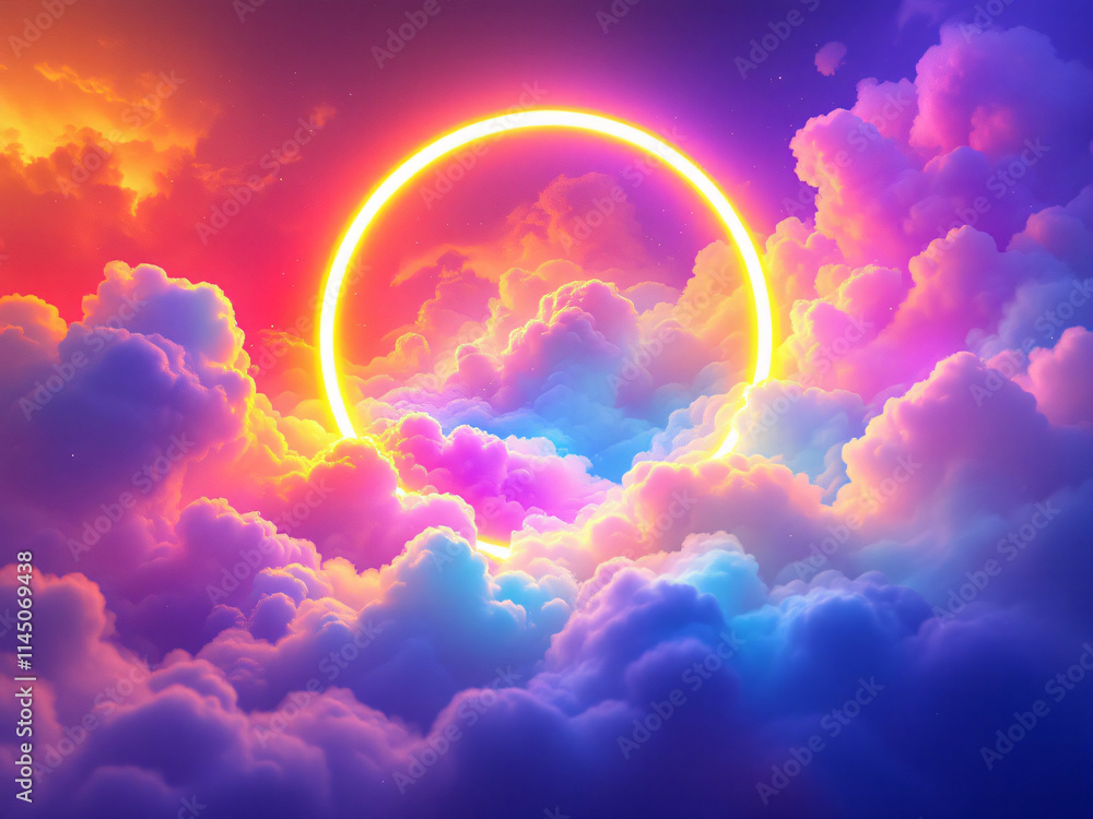 Fototapeta premium Vibrant neon circle glowing with radiant colors against a dark, mystical background.