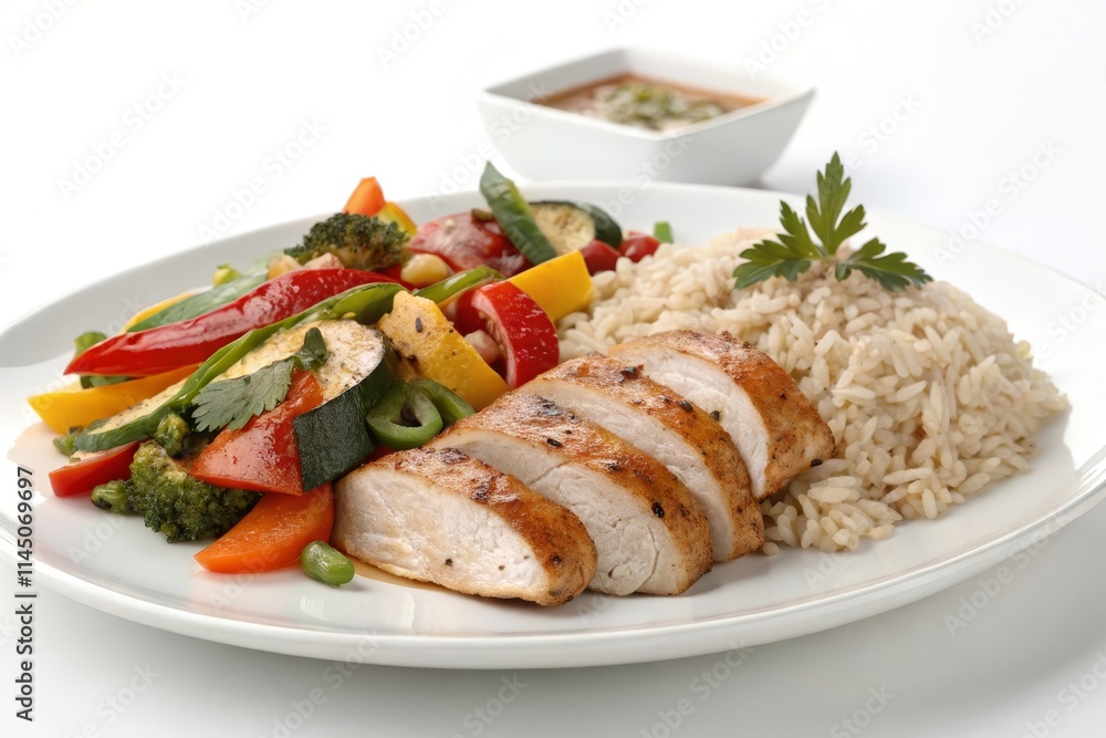 Grilled chicken breast paired with rice, sautéed vegetables, and a side of sauce, served on a white plate for a balanced and flavorful meal Grilled chicken breast paired with rice, sautéed vegetables, and a side of sauce, served on a white plate for a balanced and flavorful meal