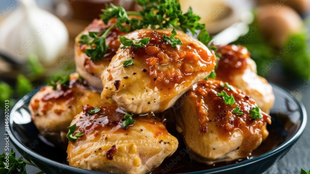 Chicken pieces in garlic oil. Tender, golden chicken pieces are covered with a thick, fragrant garlic-butter sauce that permeates each piece. The dish is decorated with fresh parsley. Chicken pieces in garlic oil. Tender, golden chicken pieces are covered with a thick, fragrant garlic-butter sauce that permeates each piece. The dish is decorated with fresh parsley.