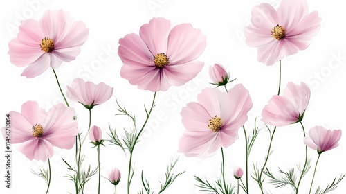 Beautiful pink cosmos flowers in full bloom, showcasing delicate petals and vibrant green leaves.