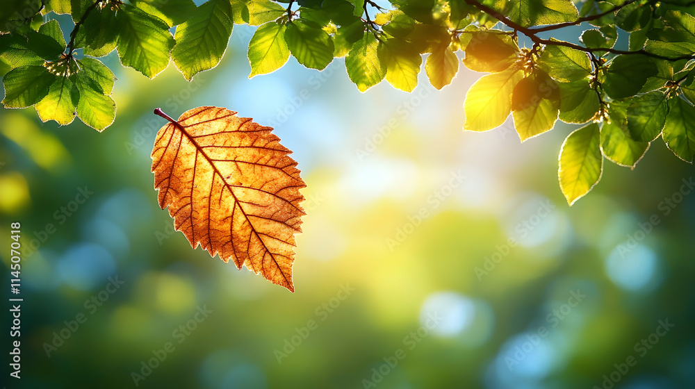 Obraz premium Single brown leaf falling from branch, sunlight.