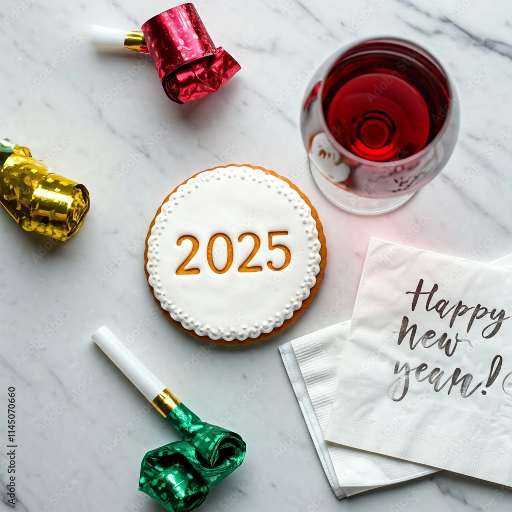A festive New Year's celebration setup featuring a round cookie with white icing and 2025 written in gold, surrounded by colorful party blowers in red, green, and yellow. A festive New Year's celebration setup featuring a round cookie with white icing and 2025 written in gold, surrounded by colorful party blowers in red, green, and yellow.