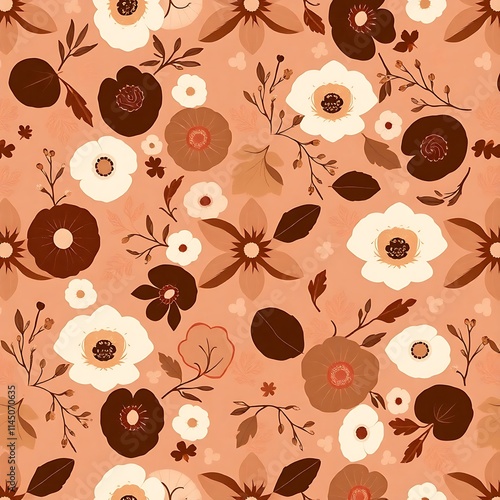 Autumnal Floral Delight: A charming seamless pattern featuring a captivating array of autumnal flowers in warm, earthy tones on a soft peach background. Perfect for textile design.