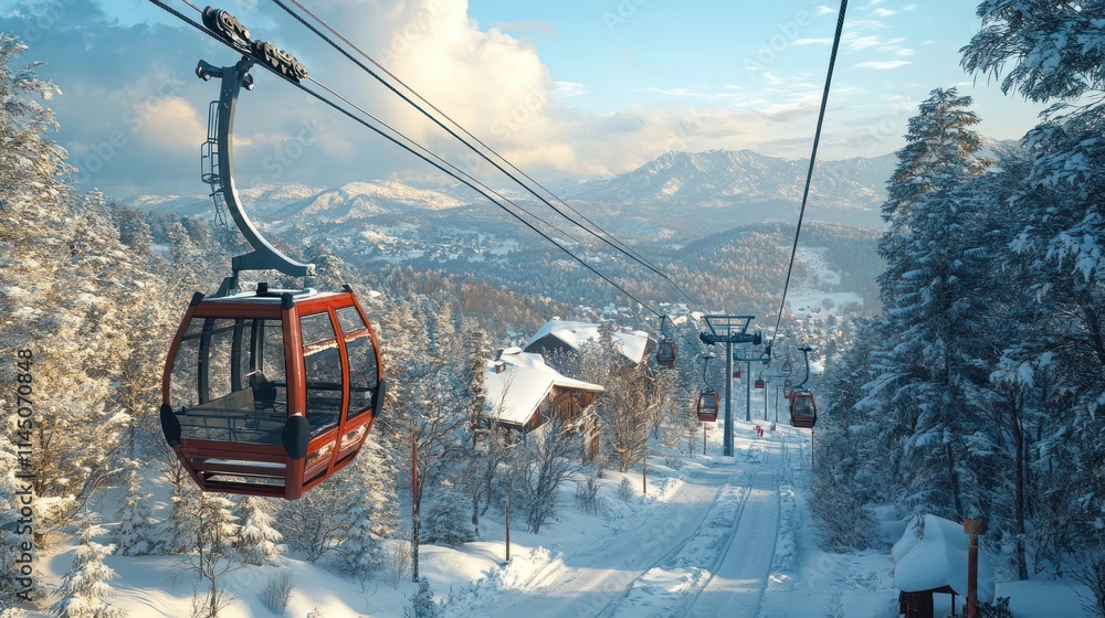 Red cable car ascending snowy mountain with winter landscape view. Red cable car ascending snowy mountain with winter landscape view.