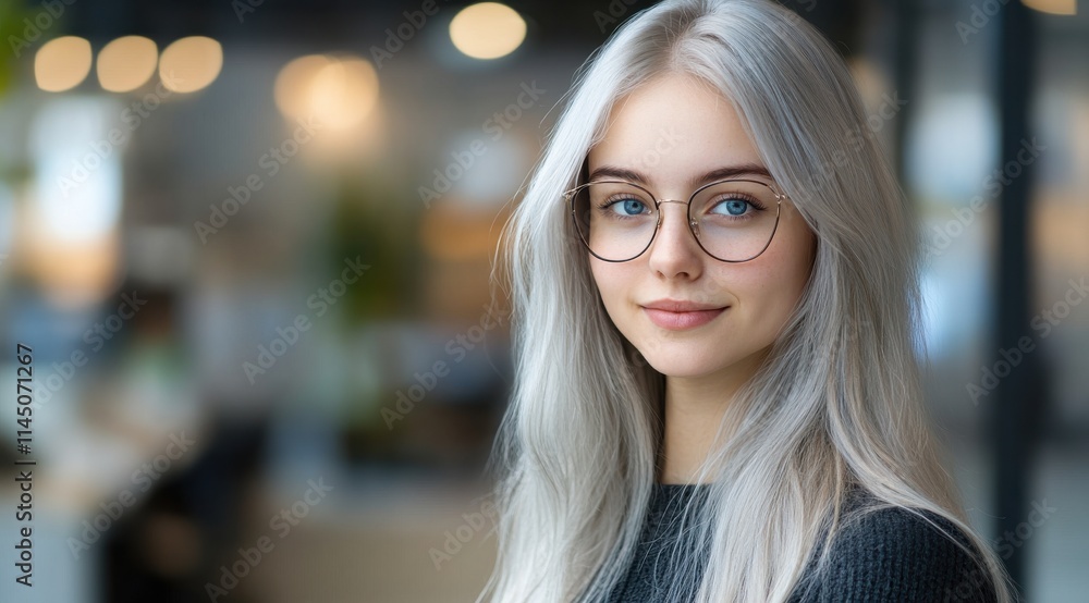 Portrait of Attractive Young Woman with Long Silver Hair, Glasses, and a Warm Smile Portrait of Attractive Young Woman with Long Silver Hair, Glasses, and a Warm Smile