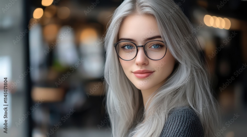 Portrait of Attractive Young Woman with Long Silver Hair, Glasses, and a Warm Smile Portrait of Attractive Young Woman with Long Silver Hair, Glasses, and a Warm Smile