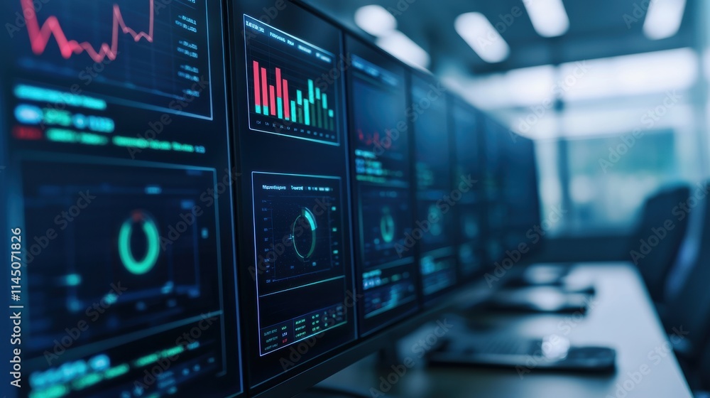 Multiple monitors displaying financial charts and analytics in a modern office Multiple monitors displaying financial charts and analytics in a modern office