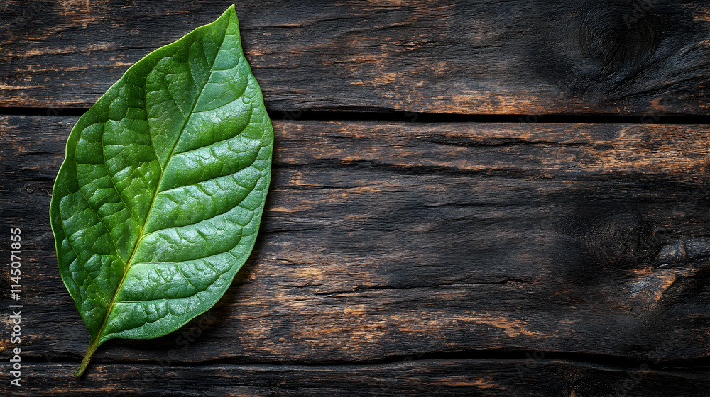 Single green leaf on dark wood background. Single green leaf on dark wood background.