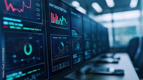 Multiple monitors displaying financial charts and analytics in a modern office