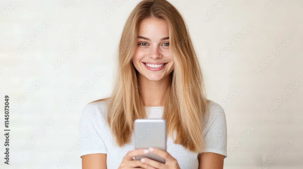 Bright and cheerful young woman holding a smartphone against a clean white background showcasing positivity and modern connectivity through minimalist design and radiant expression Bright and cheerful young woman holding a smartphone against a clean white background showcasing positivity and modern connectivity through minimalist design and radiant expression