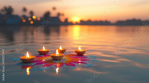 Floating diyas with rangoli on a calm river at sunset create a serene atmosphere of peace and tranquility during a Hindu festival celebration. photo