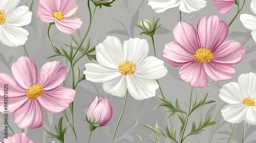 Delicate pink and white cosmos flowers against a soft grey background create an elegant floral pattern.