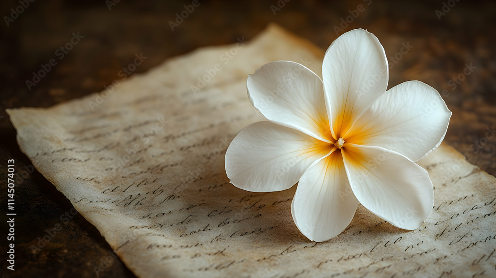 Naklejka premium Single white plumeria flower on antique letter.