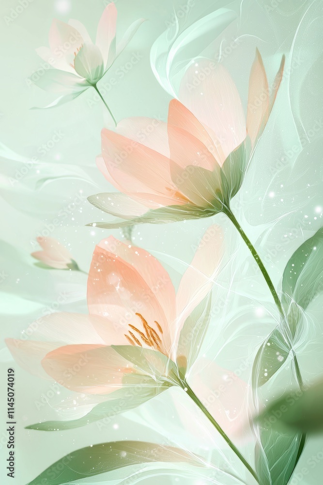 Obraz premium Elegant Spring Floral Background in Pastel Greens and Pinks for Seasonal Branding