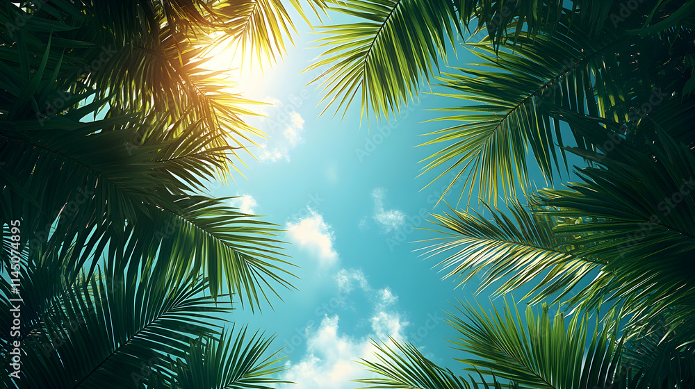 Low angle view of palm leaves against a bright blue sky. Low angle view of palm leaves against a bright blue sky.