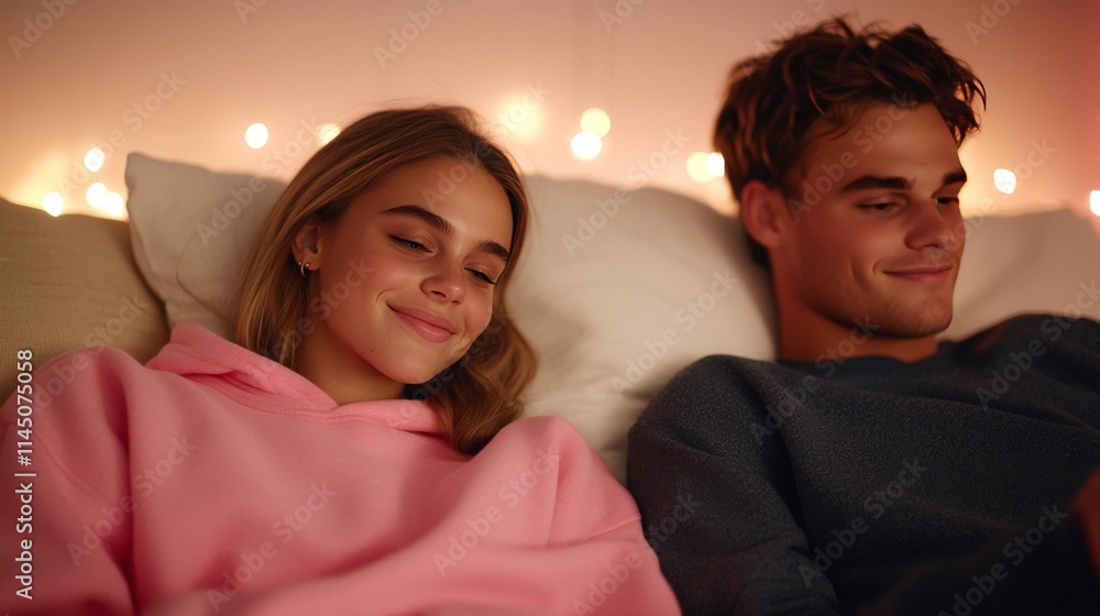 Relaxed young woman with blonde messy bun holding a smartphone cozy yellow sweater and warm fairy lights in the background for a serene lifestyle scene Relaxed young woman with blonde messy bun holding a smartphone cozy yellow sweater and warm fairy lights in the background for a serene lifestyle scene