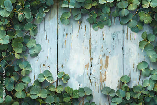 Clovers leaves on a shabby wooden background, rustic nature theme with white space for design. photo