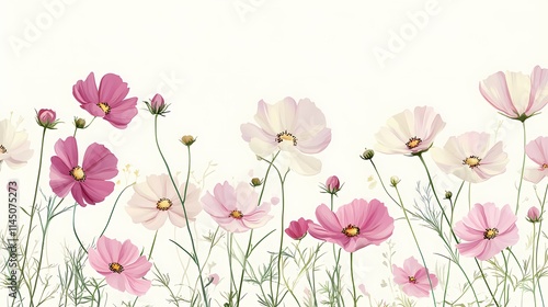 A vibrant collection of pink and white flowers swaying gently in a soft breeze.