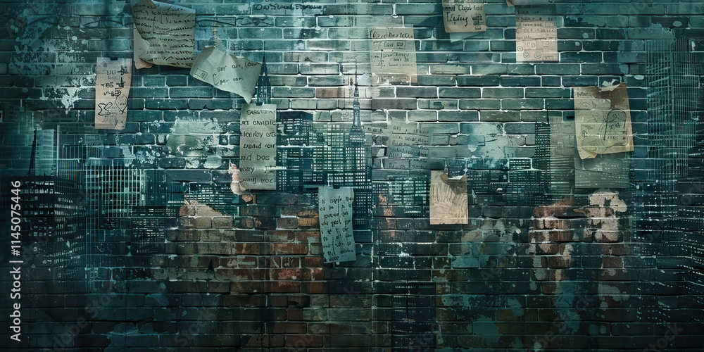 Obraz premium Brick Wall with Cityscape Graphic and Affixed Papers
