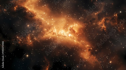 A mesmerizing view of a vibrant nebula filled with bright stars and cosmic dust in shades of orange and gold. photo