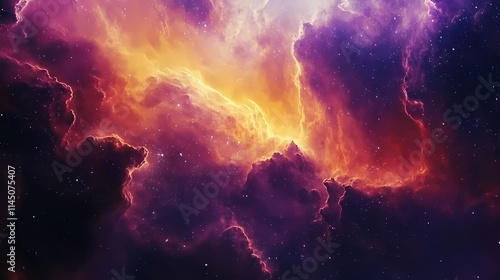 A stunning cosmic landscape featuring vibrant orange and purple nebulae illuminated by distant stars.