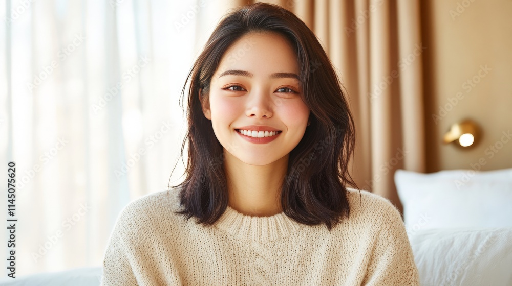 Smiling young woman with straight dark hair in a minimalist room soft natural light streaming through sheer curtains creating a peaceful and bright ambiance Smiling young woman with straight dark hair in a minimalist room soft natural light streaming through sheer curtains creating a peaceful and bright ambiance