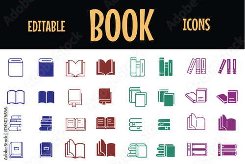 Book line editable vector web Icons set. Vector illustration in modern thin line style of education related icons: library, knowledge, e-learning, audio book, read, education and more.