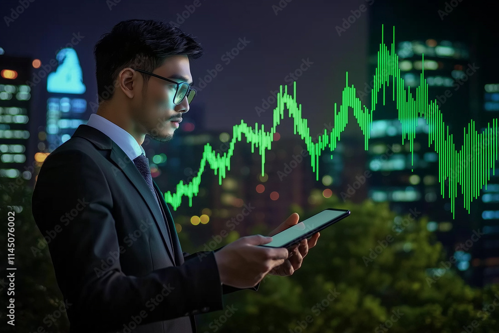 Businessman Touching Growth Graph – Developing Sustainable Investment Plan for Future Financial Success and Global Economic Growth Businessman Touching Growth Graph – Developing Sustainable Investment Plan for Future Financial Success and Global Economic Growth