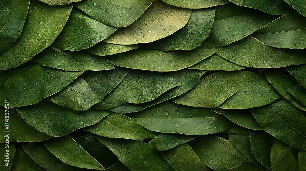 Obraz premium Lush green leaves arranged in overlapping pattern, forming a natural texture background.