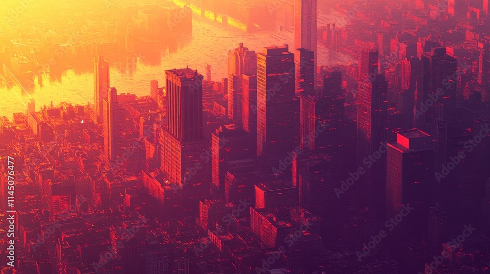Obraz premium Aerial View of Urban Cityscape at Sunset with Glowing Skyscrapers and Calm River Reflections Illuminated by Vibrant Orange and Yellow Tones