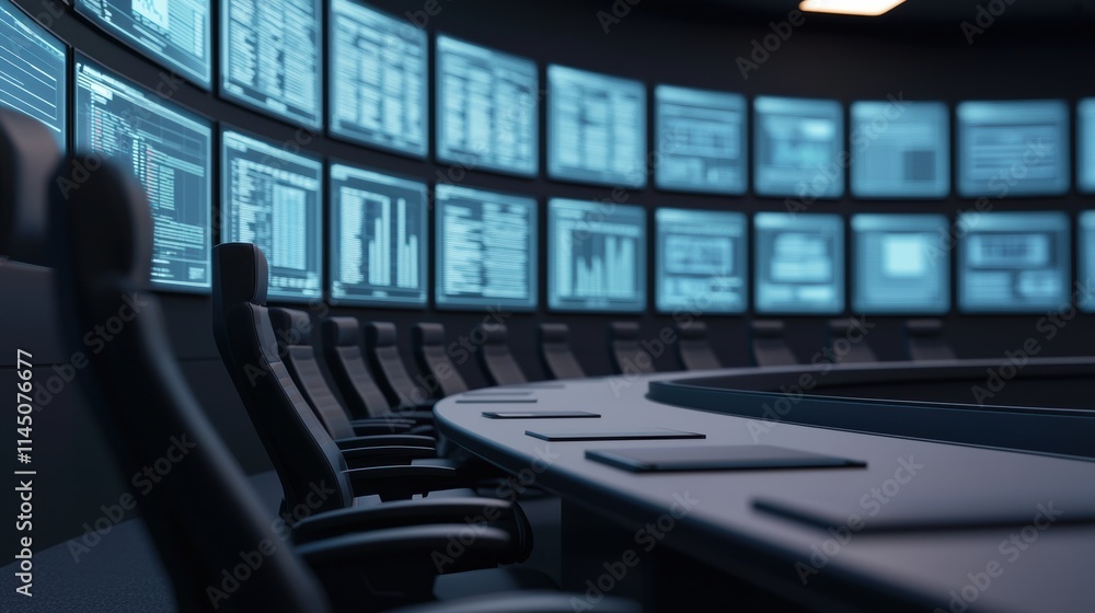 Fototapeta premium Modern boardroom showing progress with charts displayed on multiple screens