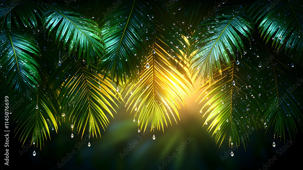 Lush green palm fronds with water droplets, backlit by warm sunlight. Lush green palm fronds with water droplets, backlit by warm sunlight.